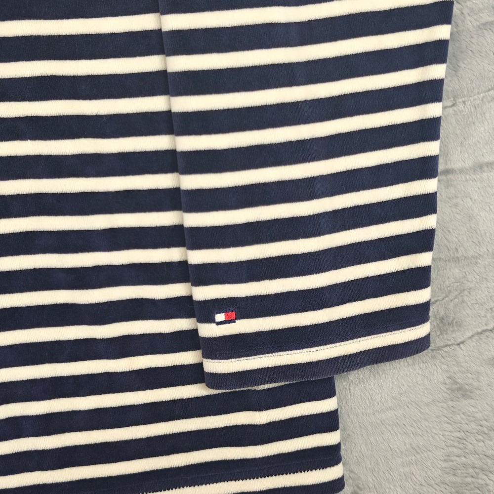 Vintage Tommy Hilfiger Velour Striped Shirt Mens XXL Navy White Y2K 2002 V-Neck - Picture 2 of 13